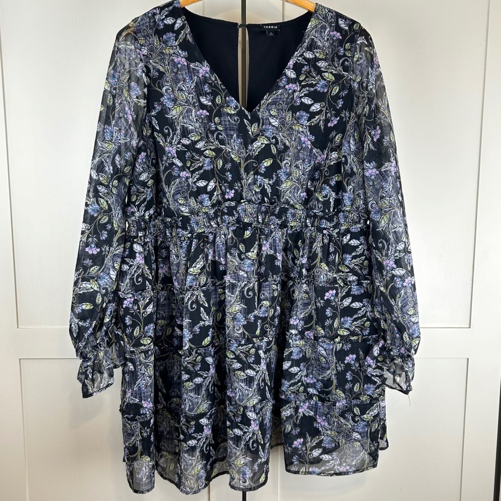 Torrid Floral Chiffon Tiered Mini Dress Womens 3 Black Smocked Boho Romantic
